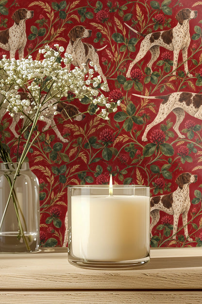 Detailed wallpaper featuring English Pointer dogs with red clover and wheat on crimson background