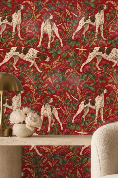 Pattern detail of wheat stalks and clover leaves on crimson wallpaper