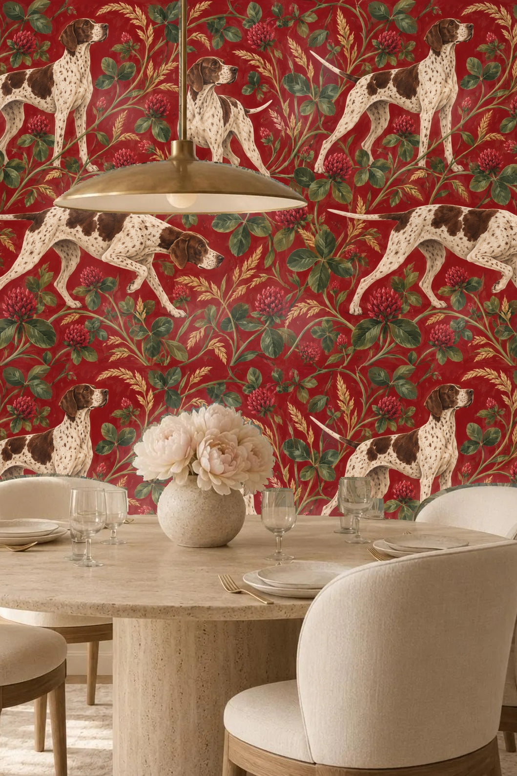 Three English Pointer dog poses on rich crimson backdrop wallpaper
