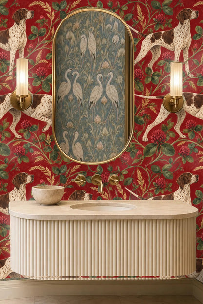 Deep red botanical wallpaper with realistic dog figures
