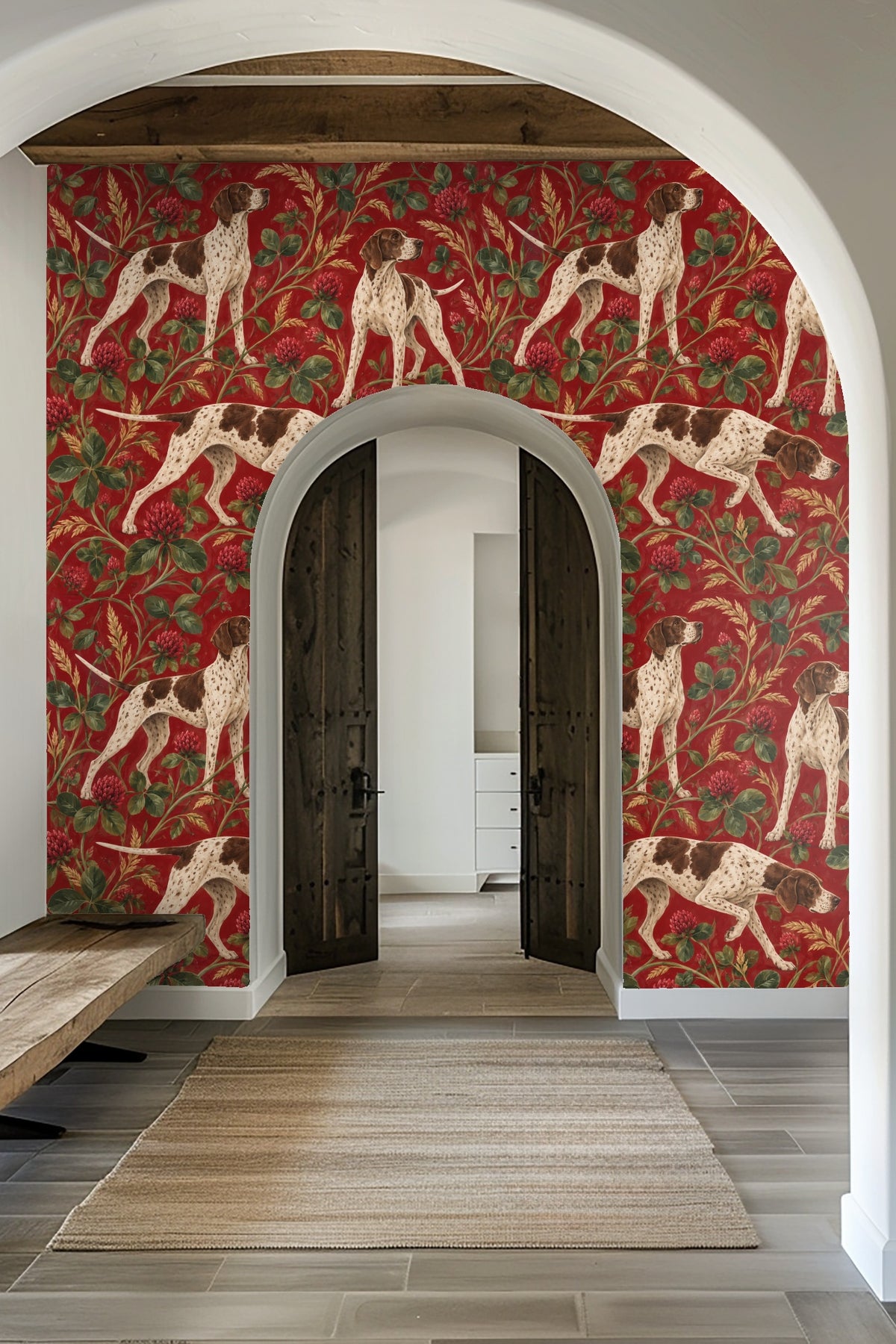 Close-up of English Pointer dog illustration on crimson background with botanical details