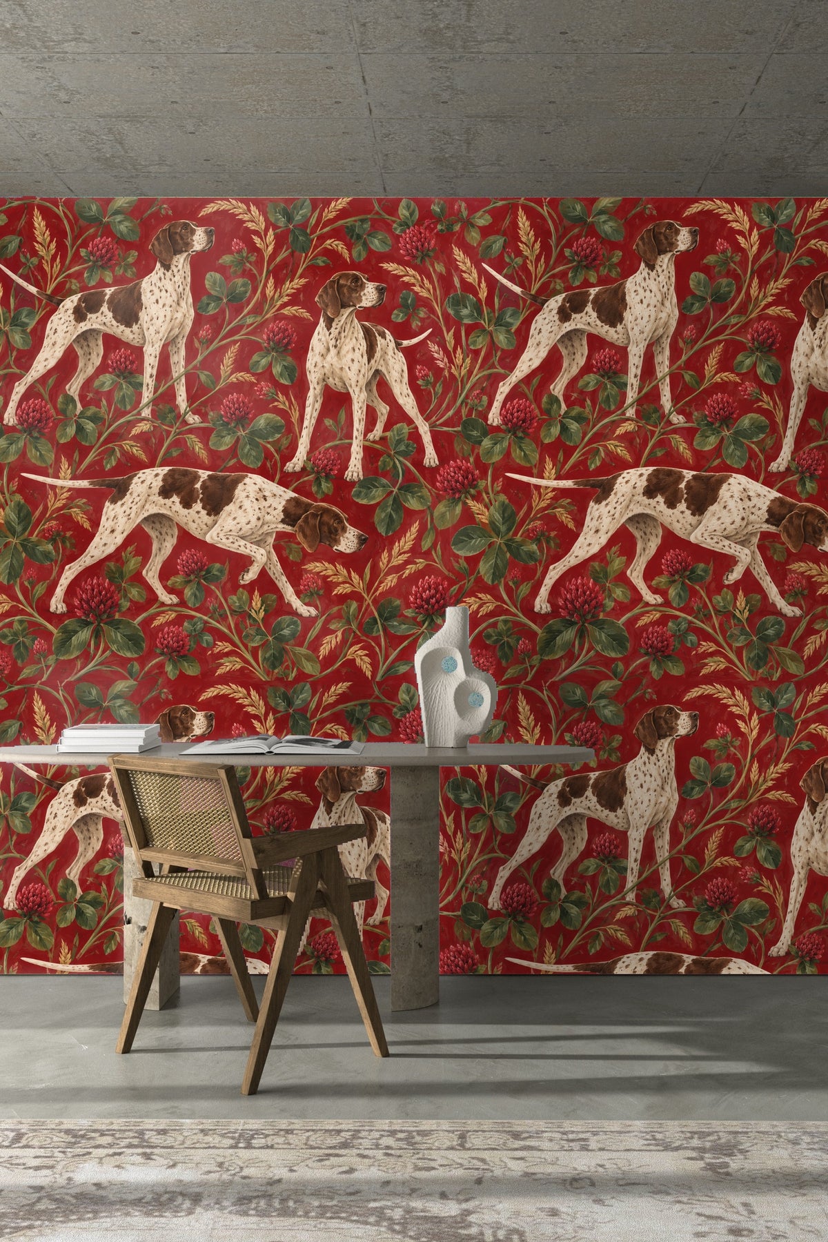 English Pointer illustration sniffing near clover flowers on wallpaper