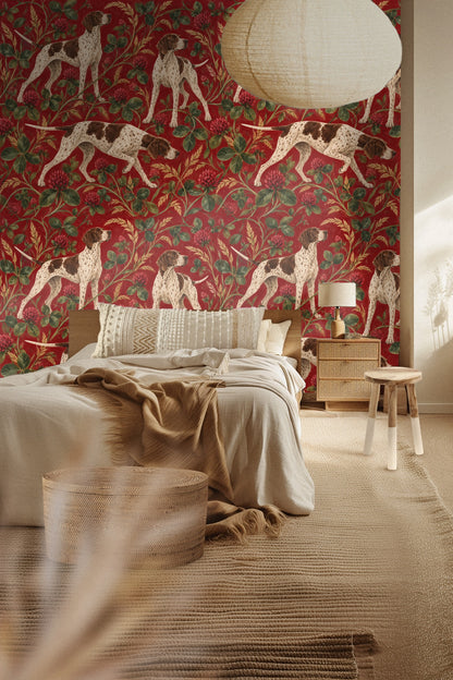 Red clover flowers and green leaves surrounding English Pointer dogs on wallpaper