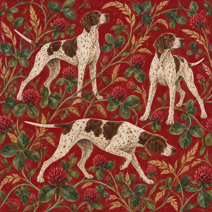 Close up of botanical elements and dog on vibrant crimson wallpaper
