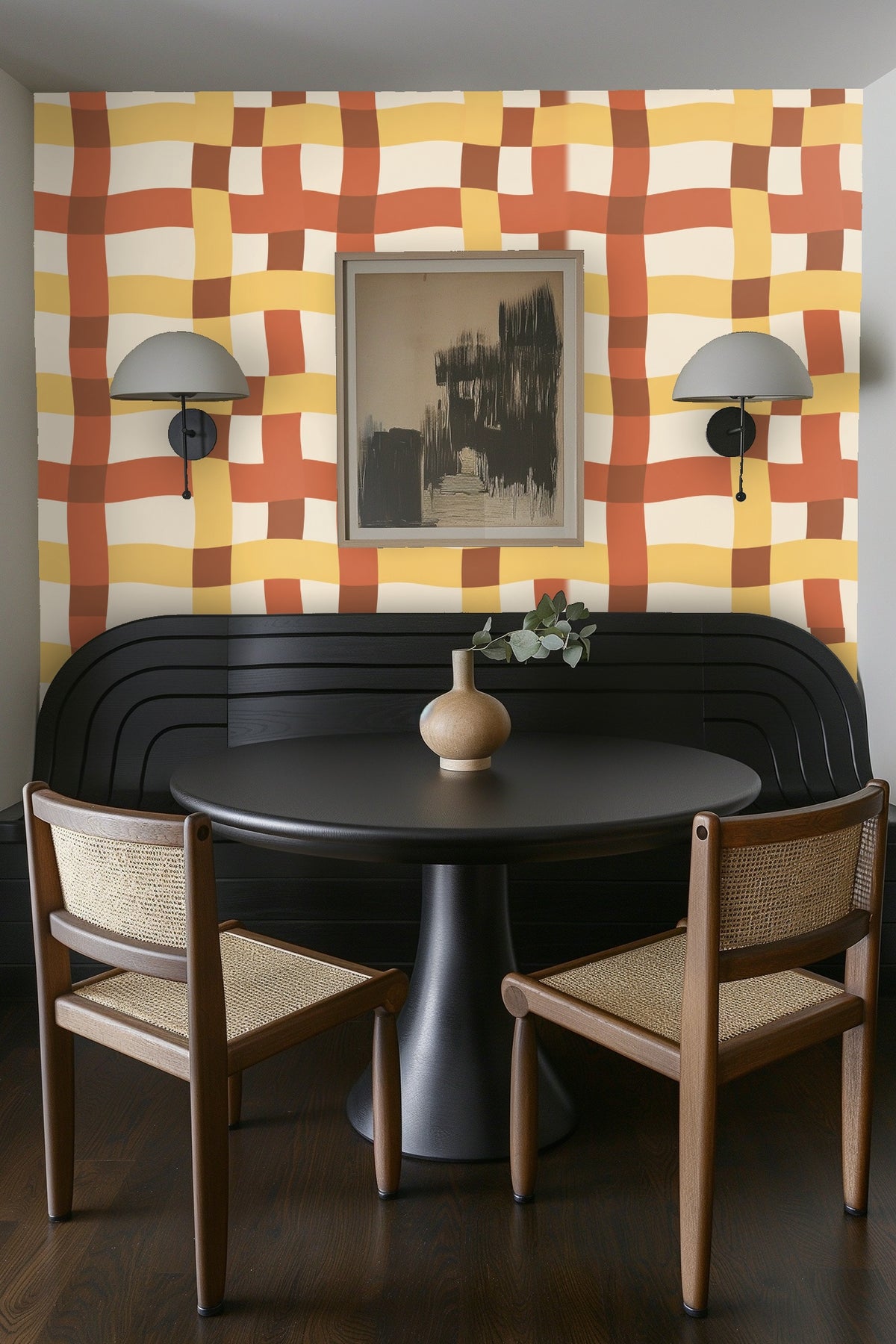 Tangier Plaid wallpaper shown in an interior setting
