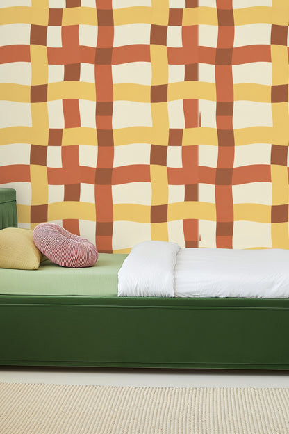 Tangier Plaid wallpaper shown in an interior setting