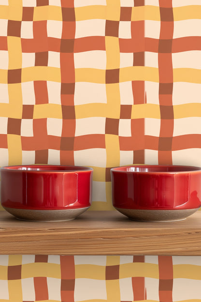 Tangier Plaid wallpaper shown in an interior setting