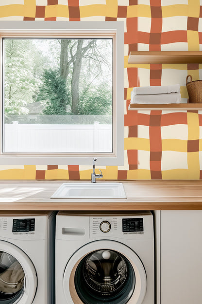 Tangier Plaid wallpaper shown in an interior setting