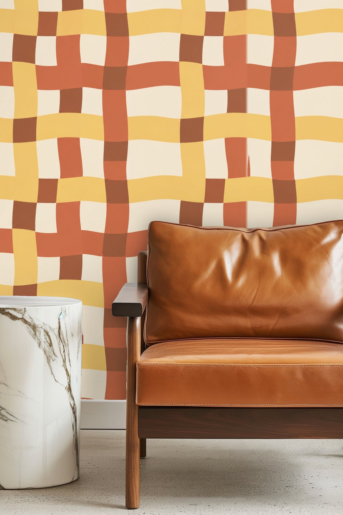 Tangier Plaid wallpaper shown in an interior setting