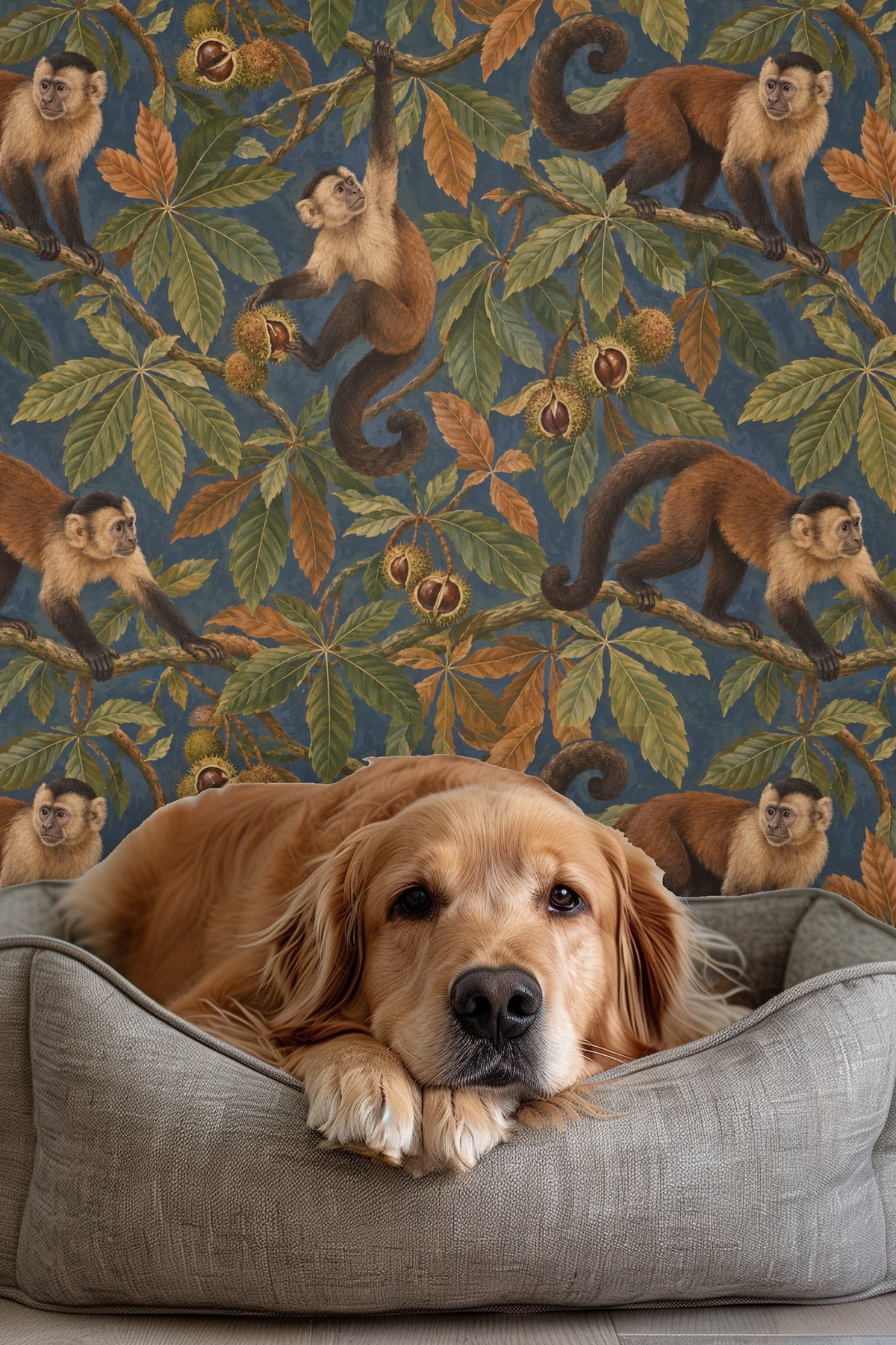Leaf cluster and chestnut seed in wallpaper pattern showing naturalistic botanical details.