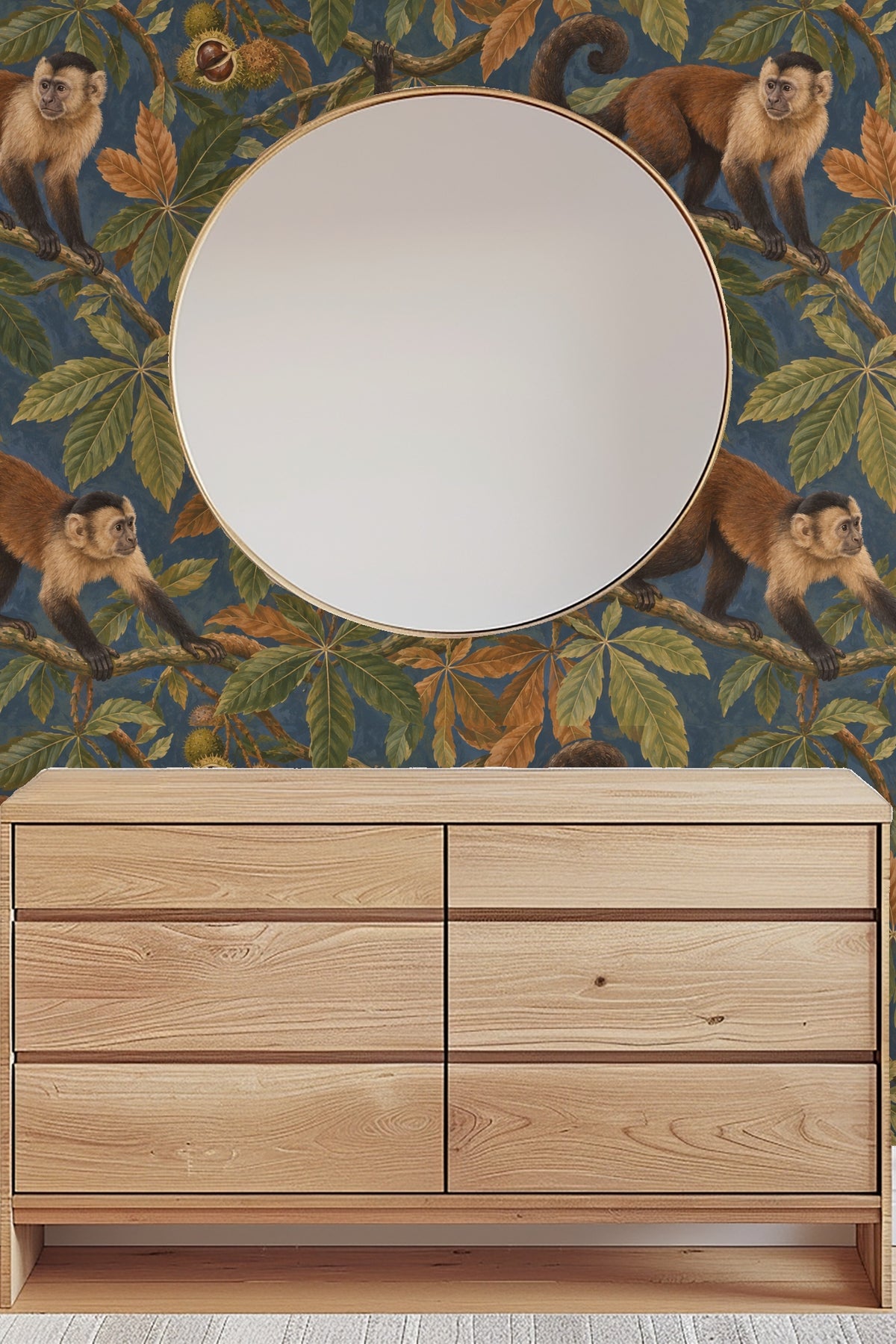 Wall wallpaper detail highlighting the contrast of blue background and warm brown monkey fur.