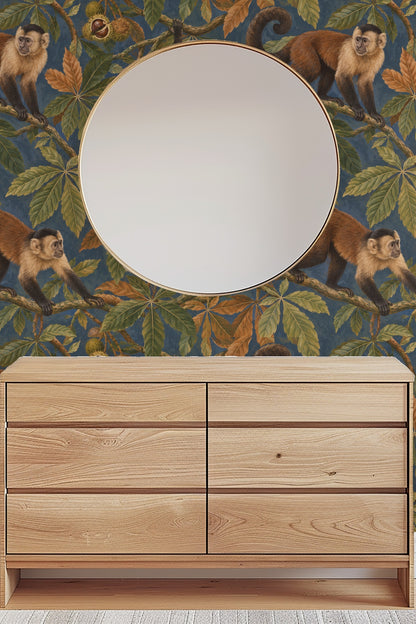 Wall wallpaper detail highlighting the contrast of blue background and warm brown monkey fur.