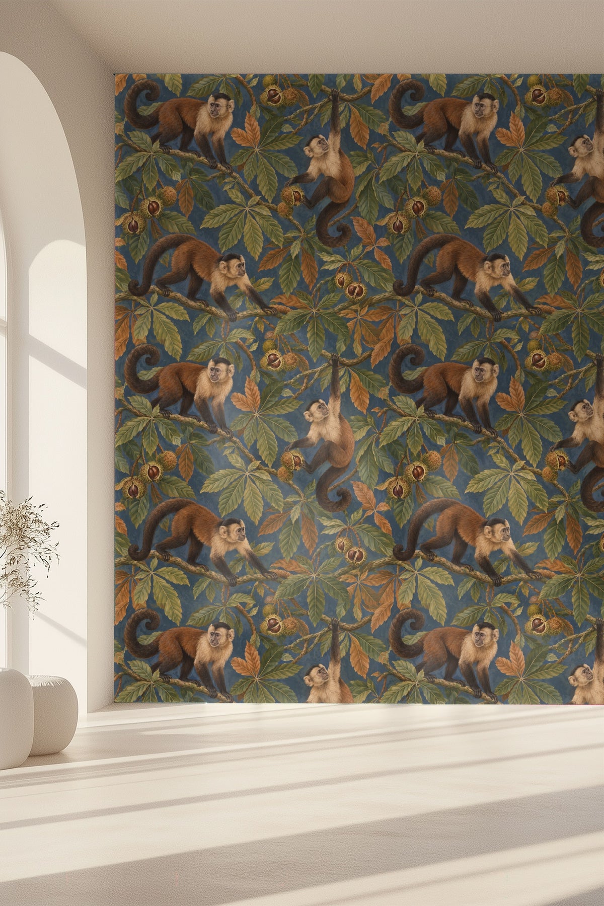 Partial view of capuchin monkey’s face with detailed fur texture in wallpaper.