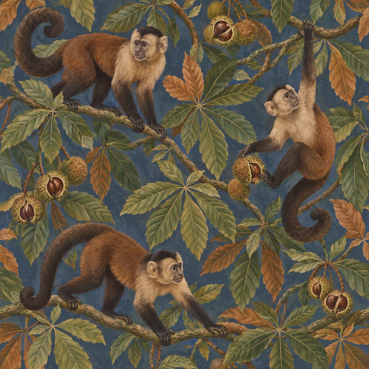 Overall pattern repeat showing monkeys in various playful poses among leaves and seeds on blue ground. 