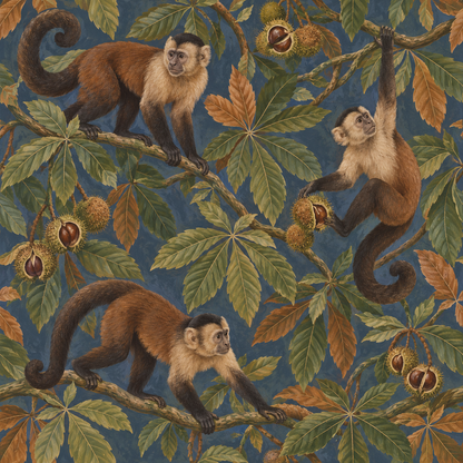Overall pattern repeat showing monkeys in various playful poses among leaves and seeds on blue ground. 