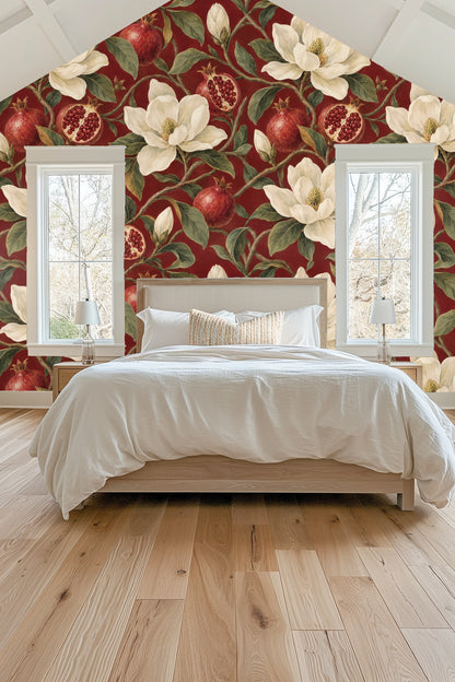 Wall-to-wall view of garnet wallpaper with large-scale floral and fruit pattern adding warmth and richness.
