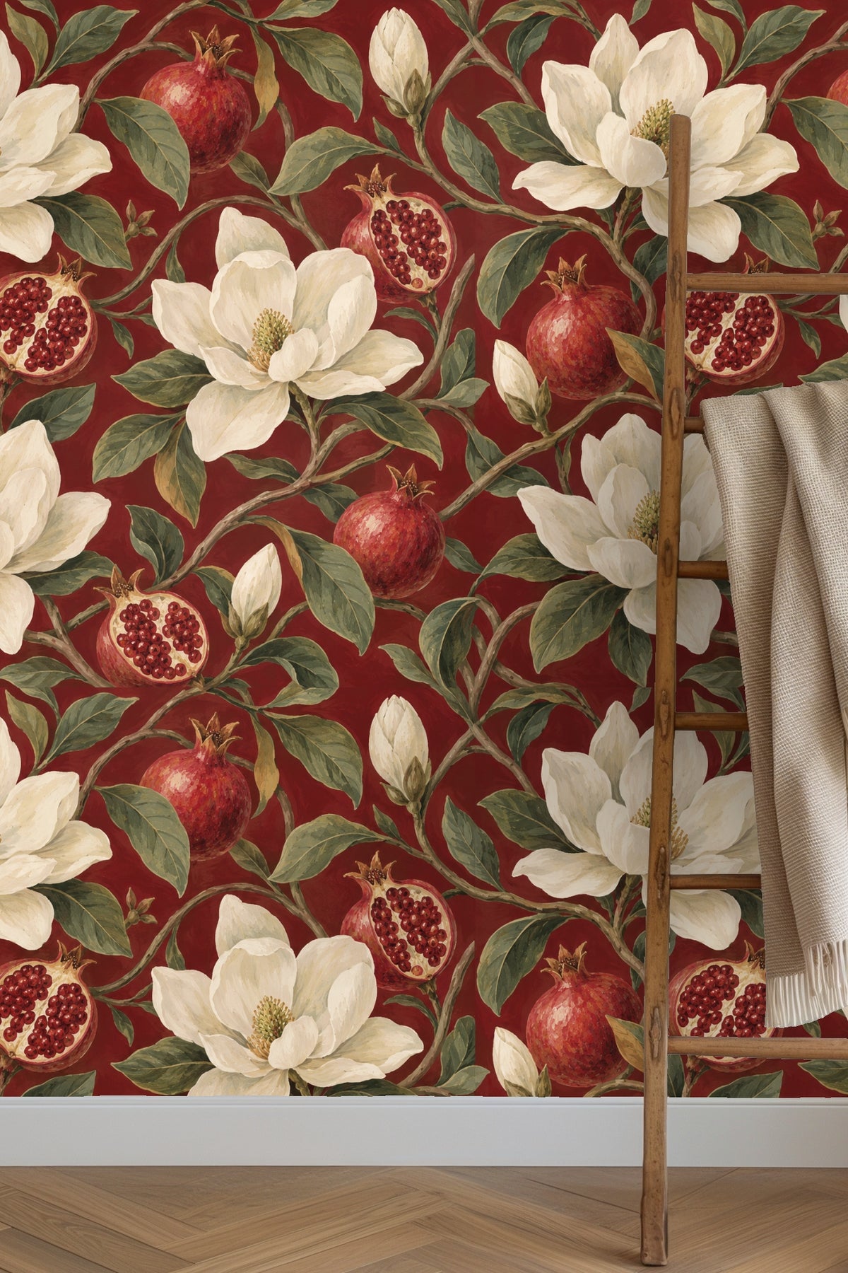 Image of garnet red wallpaper creating a bold, vintage botanical statement.