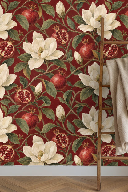 Image of garnet red wallpaper creating a bold, vintage botanical statement.