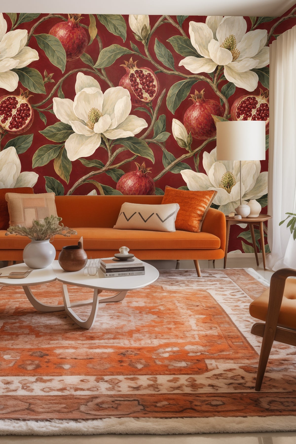 Wallpaper close-up showing detailed magnolia flowers and pomegranate fruit on garnet background.
