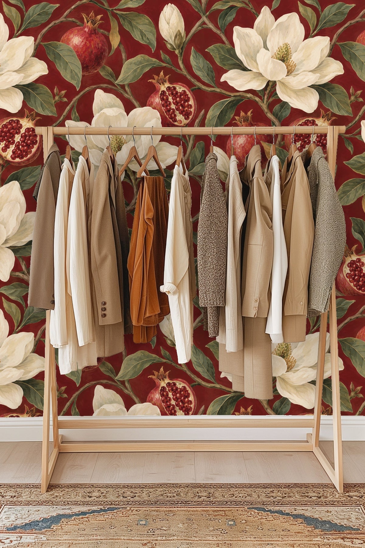 Pomegranates, some whole and some open, showing seed details in a painterly wallpaper design.