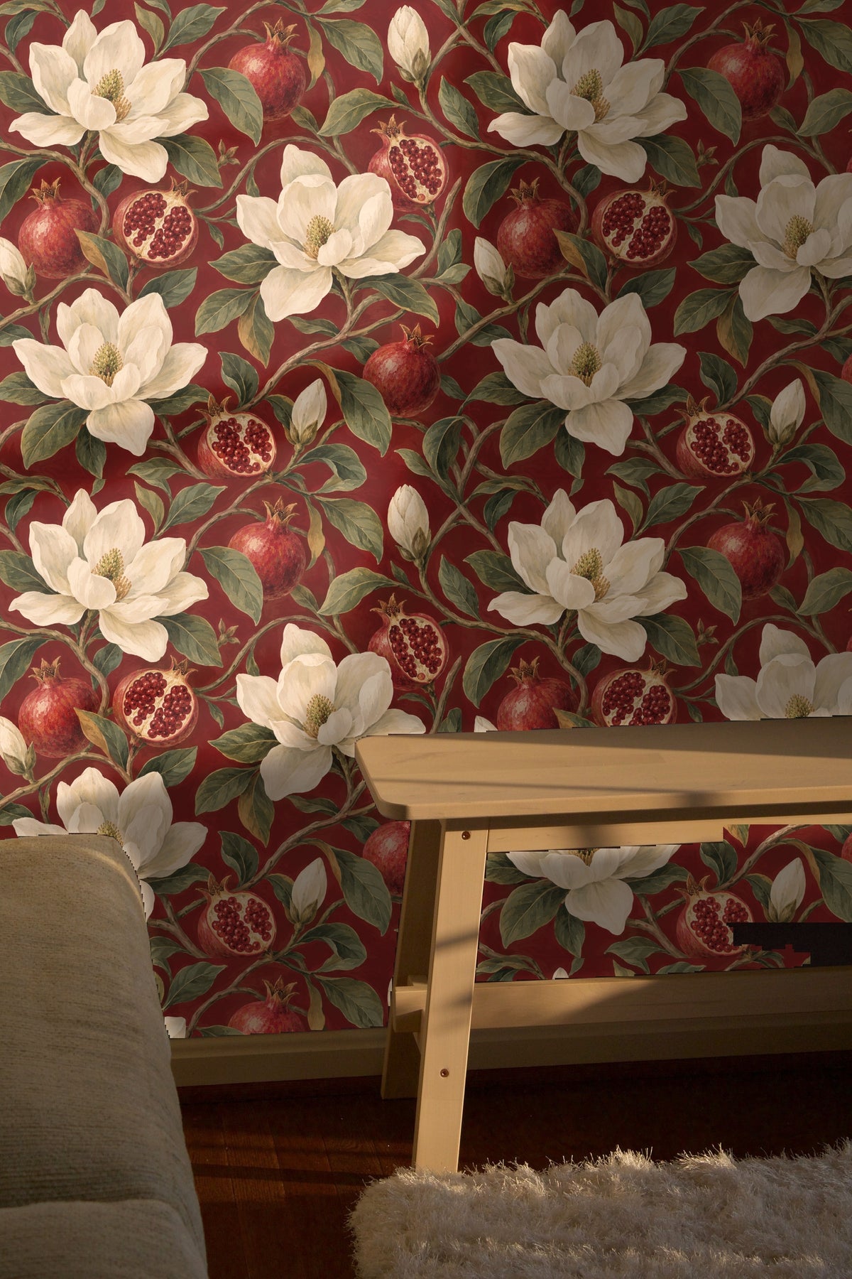 Pattern repeat showing a dense layout with dynamic positioning of flowers and pomegranates.