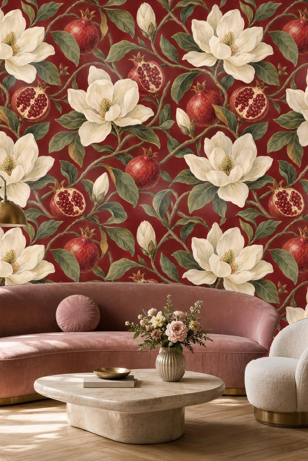 Close view of magnolia flower buds ready to bloom against the dark red wallpaper.