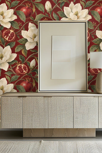 Bright living room featuring the garnet magnolia knot wallpaper behind a neutral sofa and natural decor.
