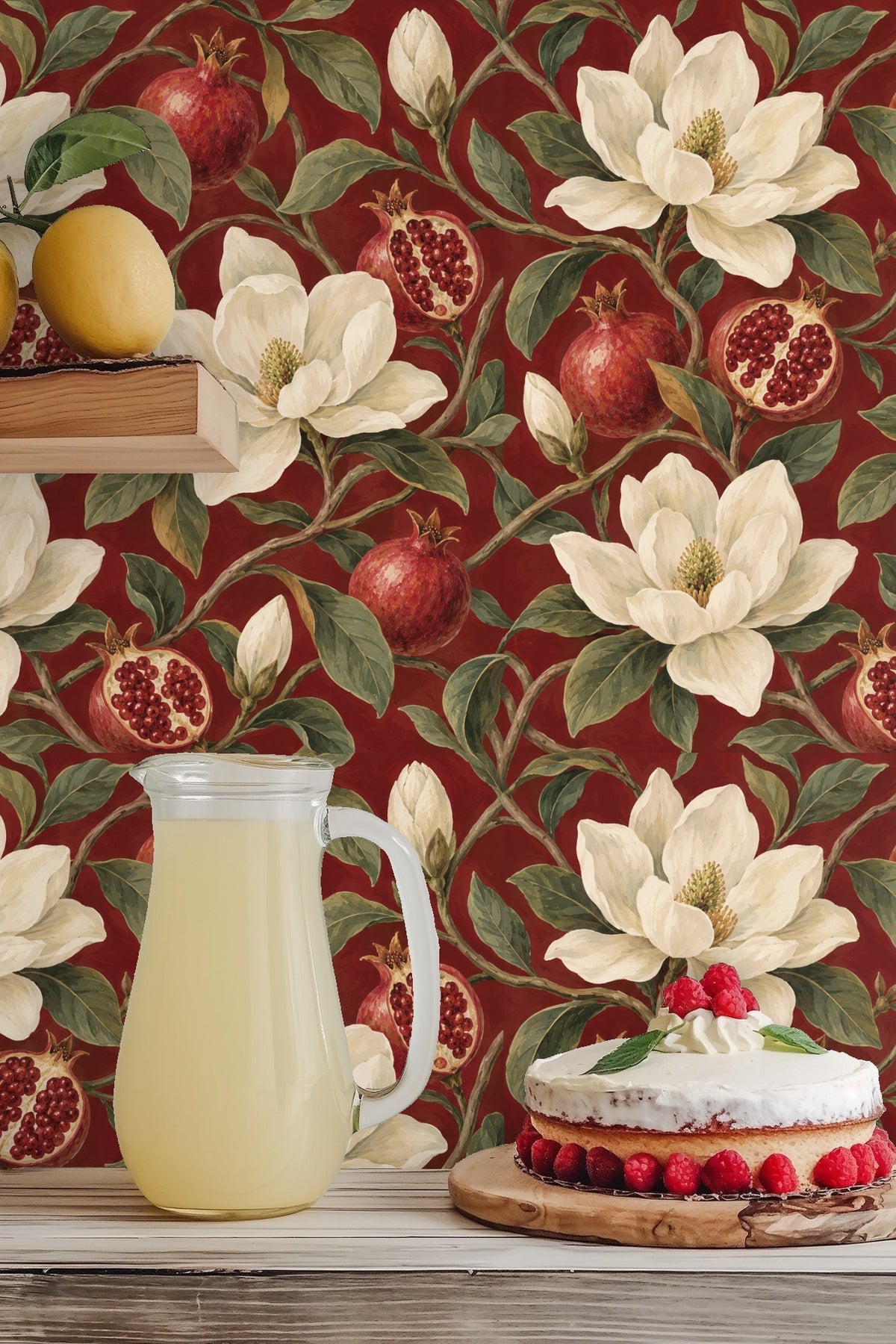 Intertwining branches and green leaves complementing the garnet wallpaper's naturalistic theme.
