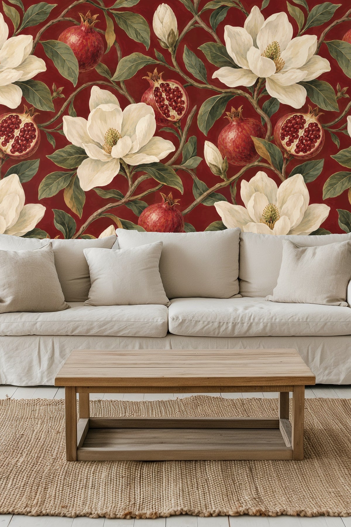 Living room with garnet magnolia knot wallpaper behind orange sofa and mid-century modern furnishings.