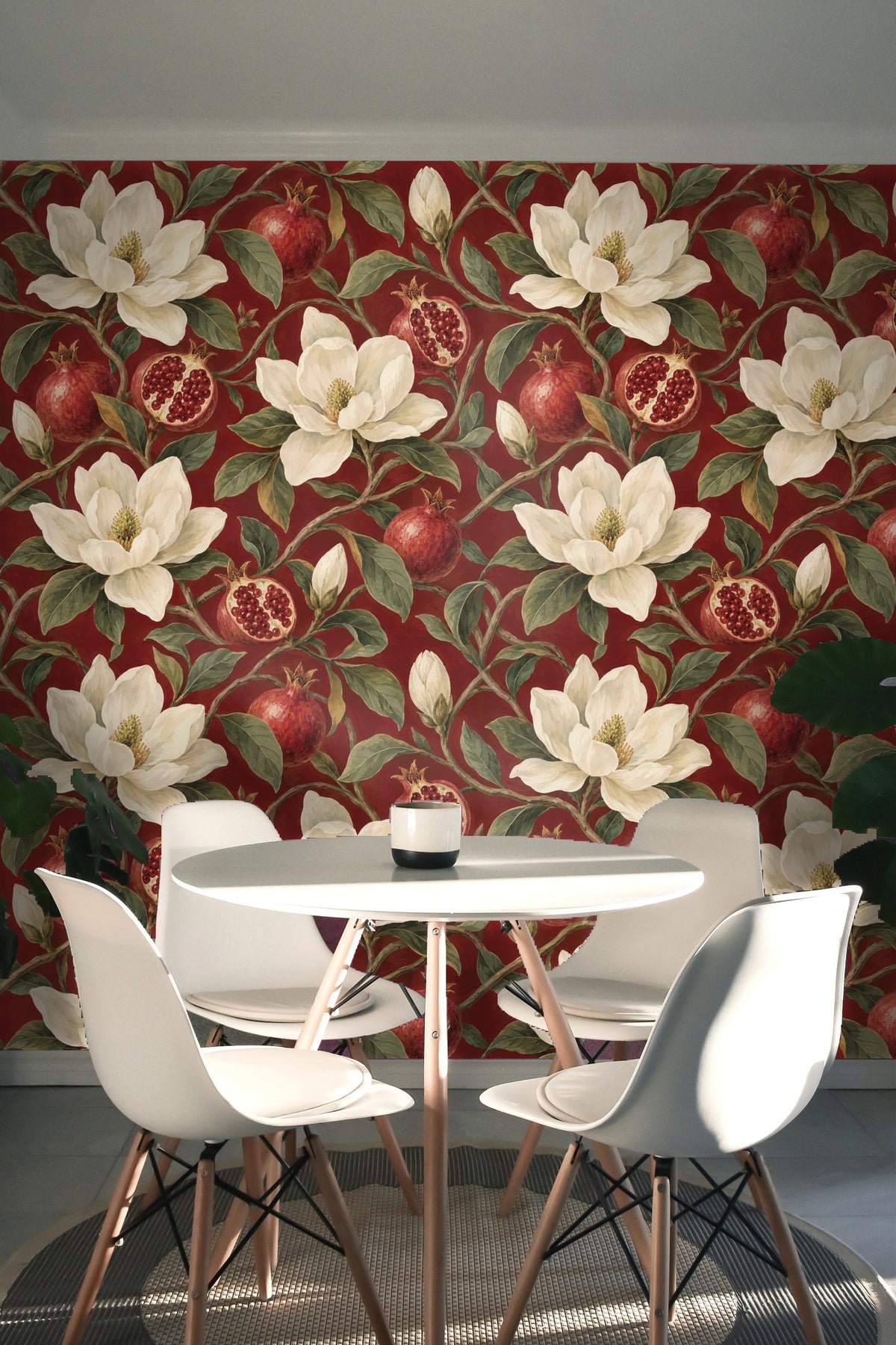 Wallpaper detail emphasizing the painterly quality and layered shading of flowers and fruit.