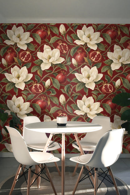 Wallpaper detail emphasizing the painterly quality and layered shading of flowers and fruit.