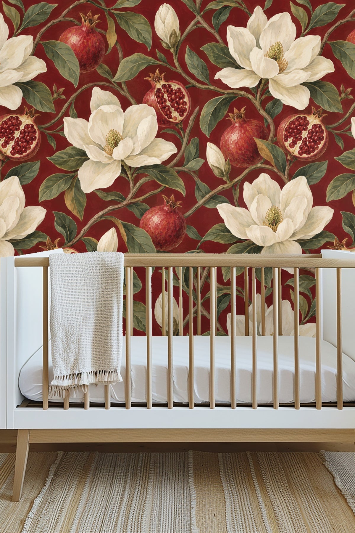 Magnolia blossoms artistically painted with textured brushstrokes on a deep red botanical wallpaper.