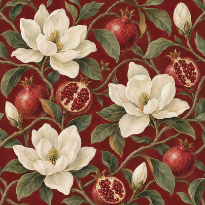 Artistic wallpaper print featuring classic botanical illustration style on a deep garnet background.