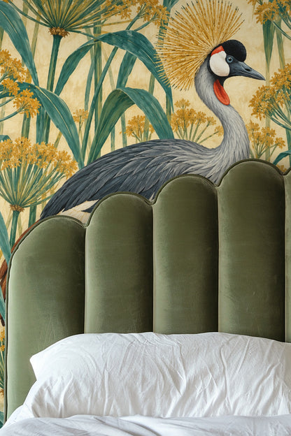 The crane’s profile featuring a sharp black beak and expressive blue eye surrounded by bold colors.