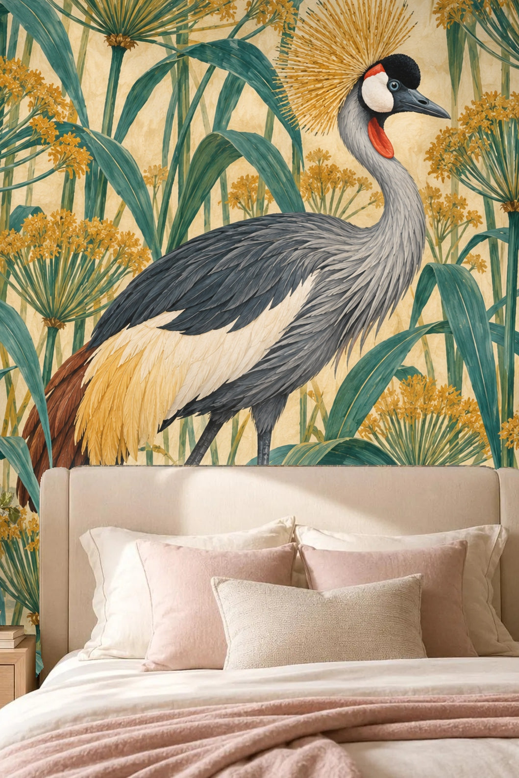 Living room corner showing brown leather chair against a wallpaper featuring a detailed Saffron Crowned Crane and green papyrus.
