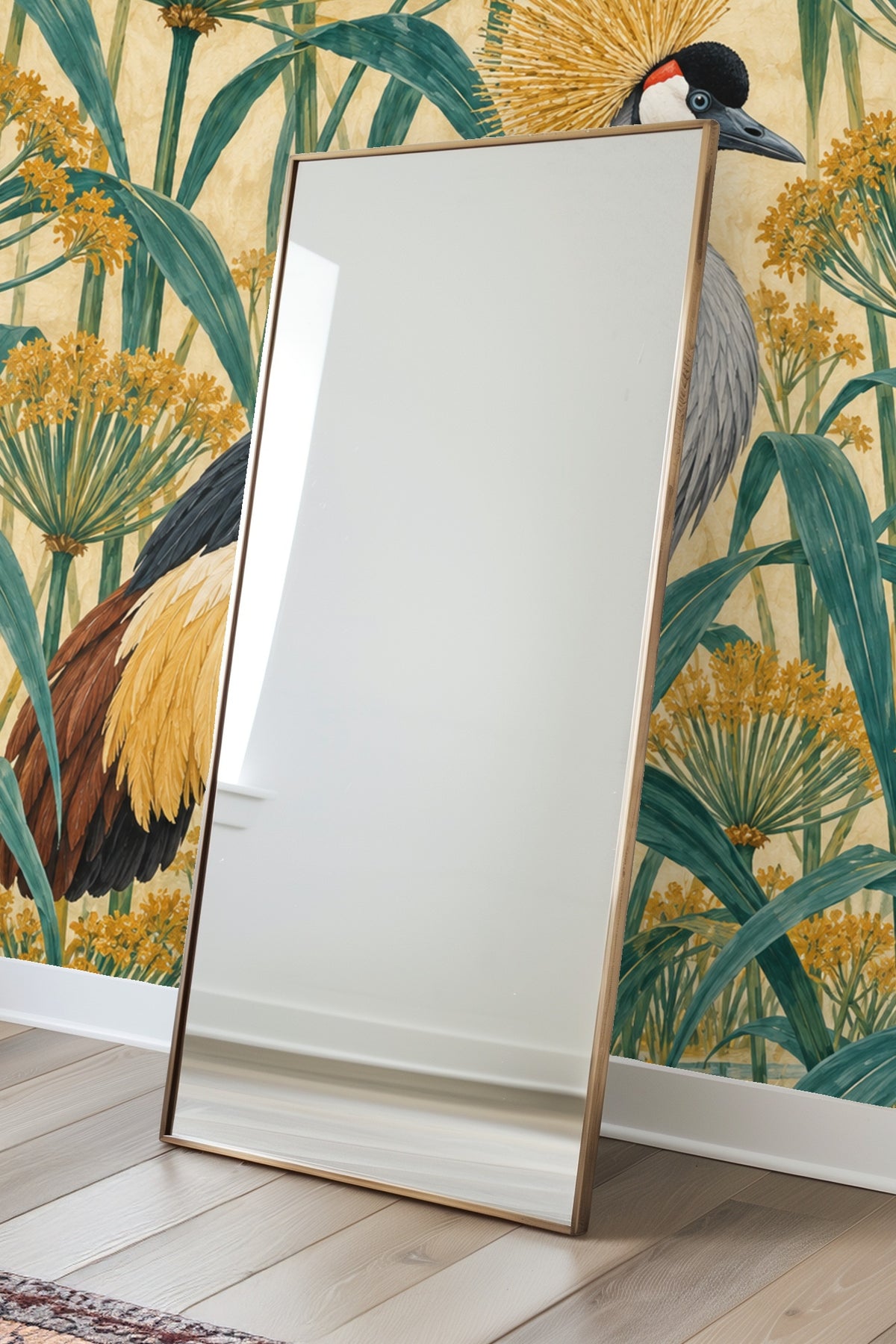 Textured background showing subtle warm ivory tone behind papyrus plants and stylized flowers.