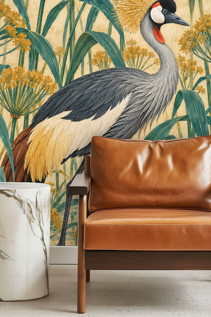 Detailed illustration of a Saffron Crowned Crane standing among papyrus plants with golden flowers.