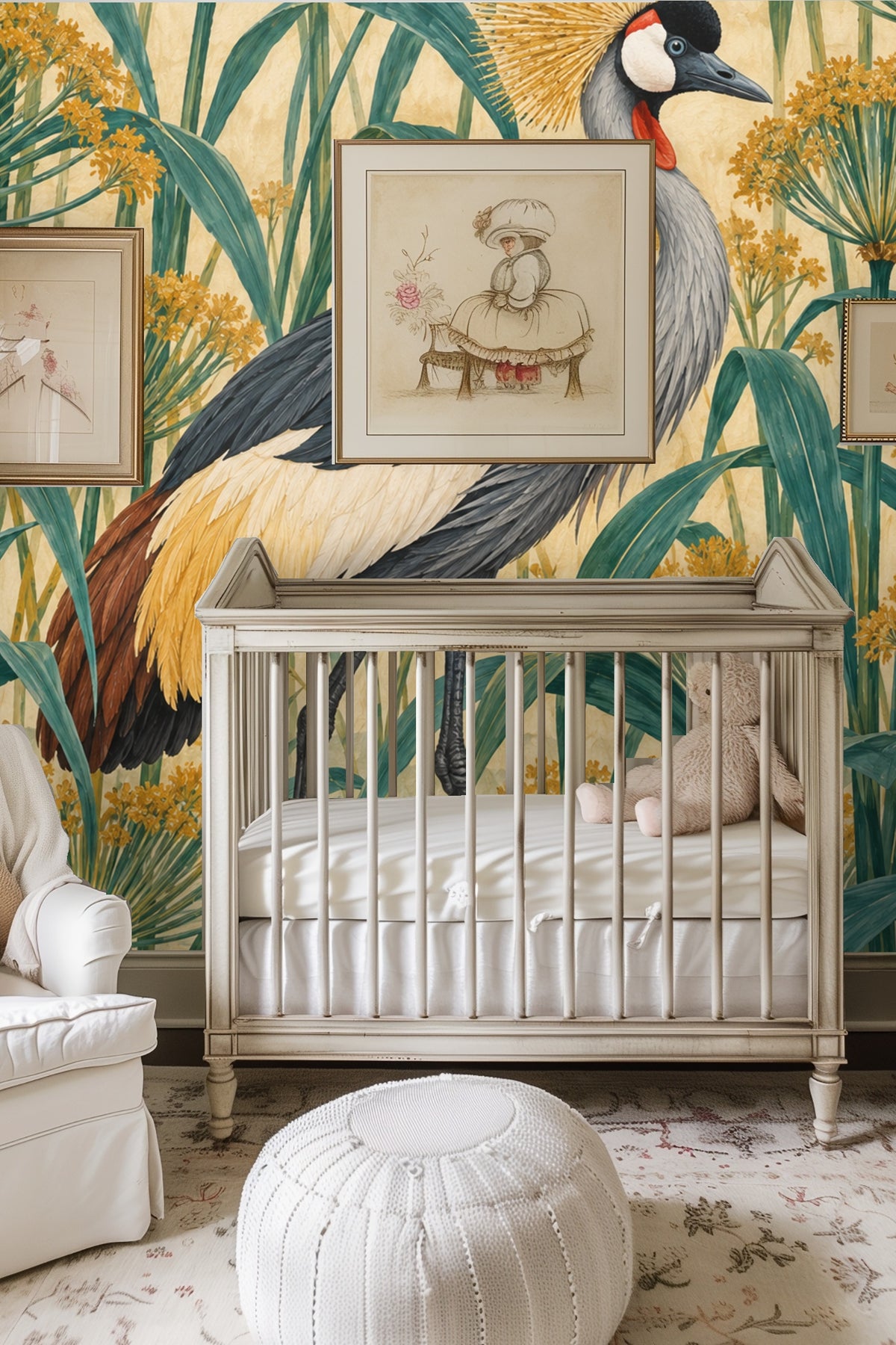 Bedroom with cream-colored bedding and pillows showcased in front of a large Saffron Crowned Crane wallpaper mural.
