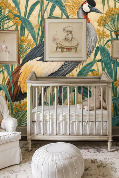 Bedroom with cream-colored bedding and pillows showcased in front of a large Saffron Crowned Crane wallpaper mural.