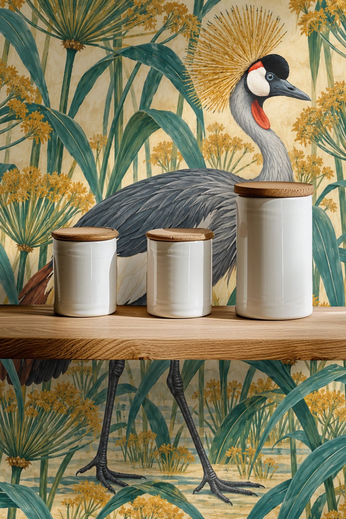 Side detail of the crane’s feathered wing blending muted gray, cream, and yellow hues.