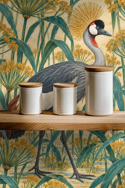 Side detail of the crane’s feathered wing blending muted gray, cream, and yellow hues.