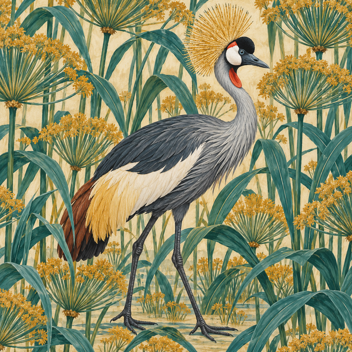 Muted color palette incorporating teal, gold, black, cream, and rust tones creating visual harmony.
