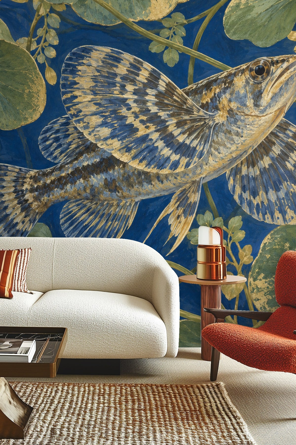 Close-up of wallpaper artwork showing a bluefin fish with patterned fins among waterlily leaves on a deep blue background