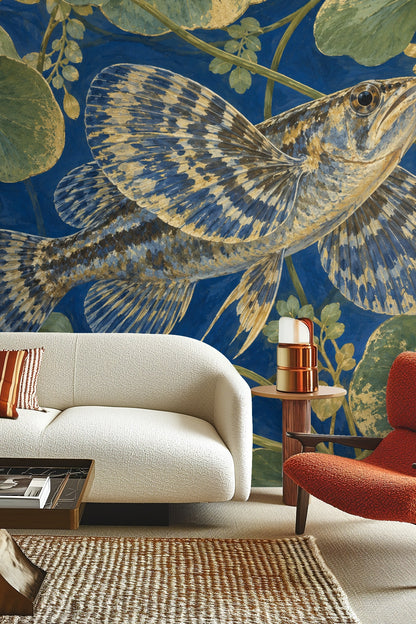 Close-up of wallpaper artwork showing a bluefin fish with patterned fins among waterlily leaves on a deep blue background