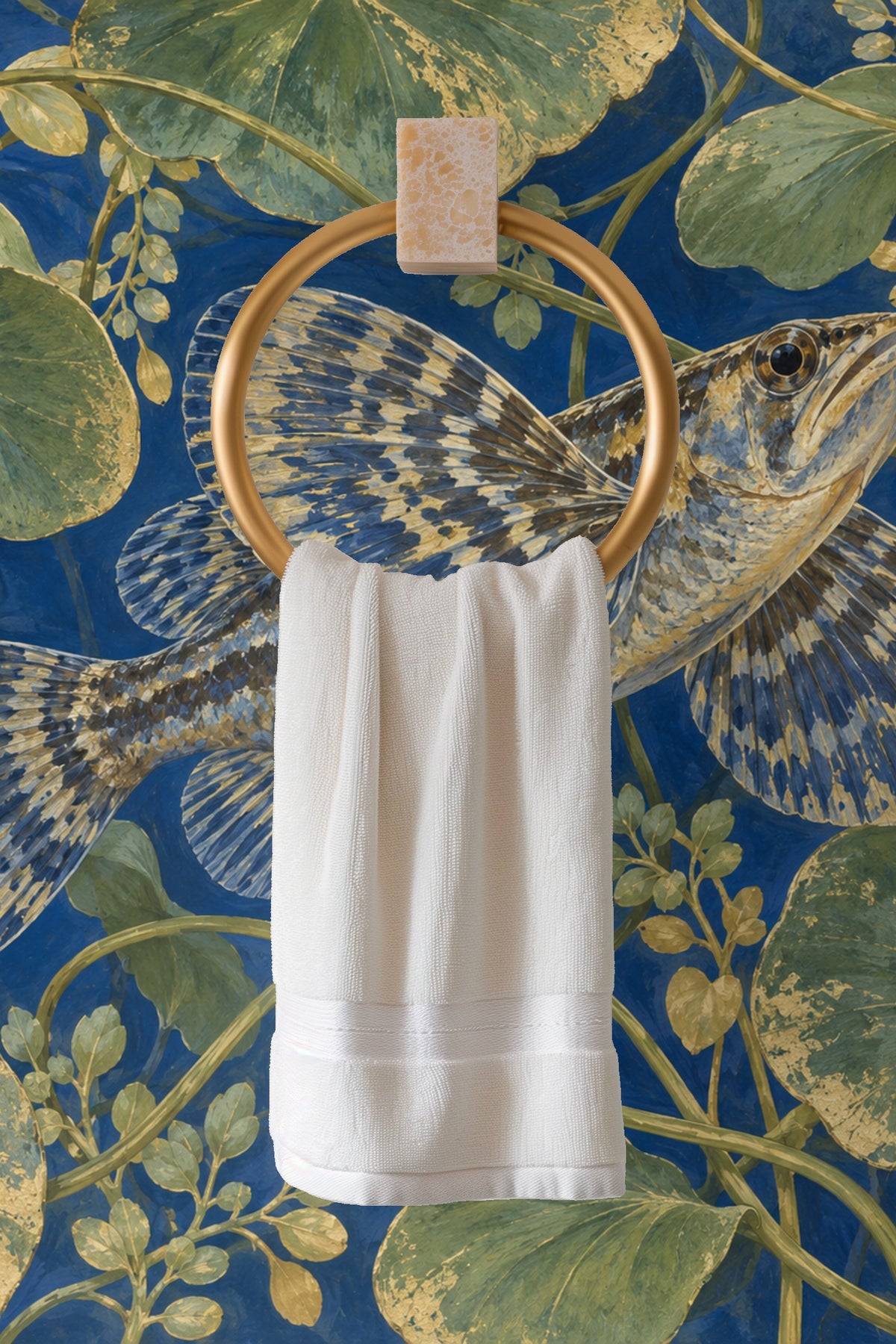 Section showing the intertwining stems and waterlily leaves on the wallpaper