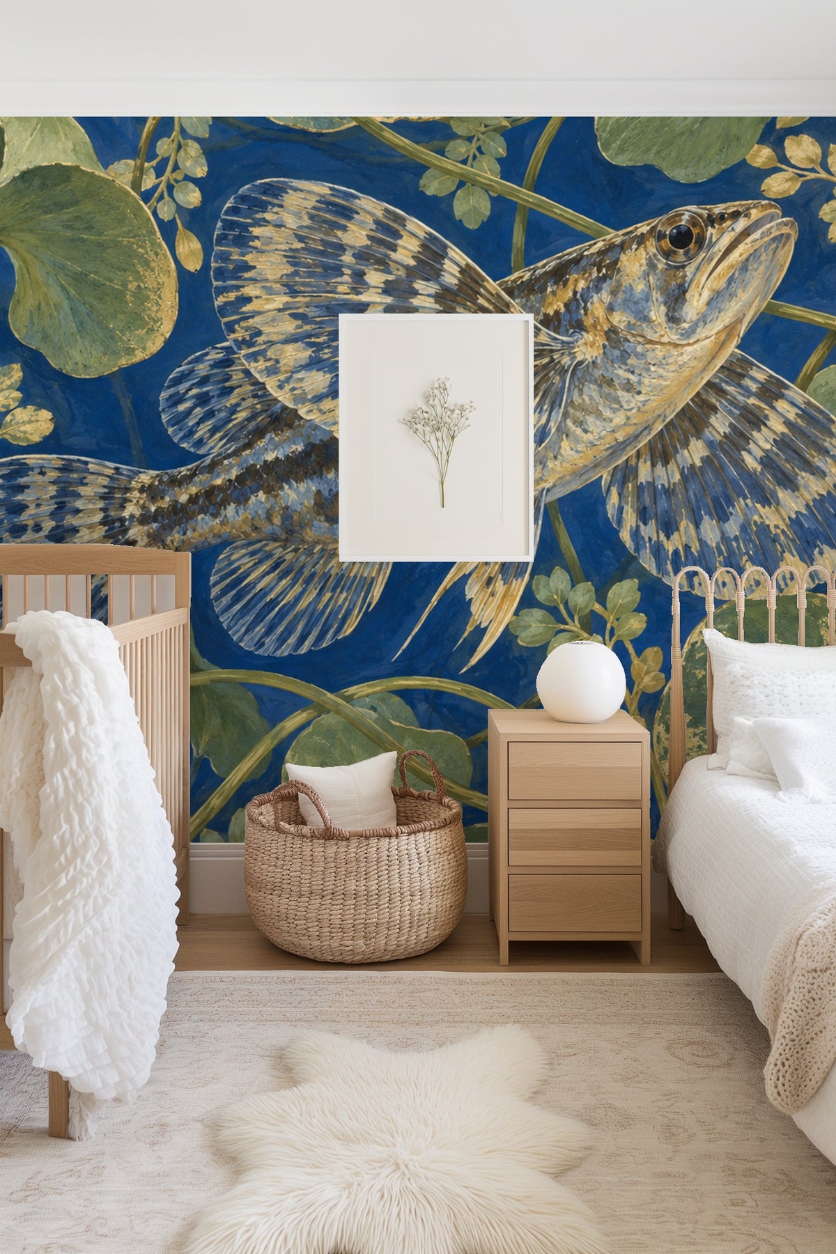 Detail of the fish's patterned fins in the wallpaper artwork