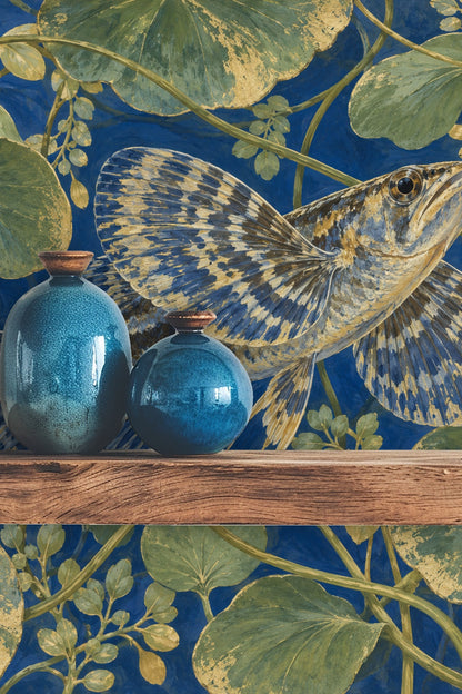 Wide view of the wallpaper covering a wall highlighting color depth and botanical details