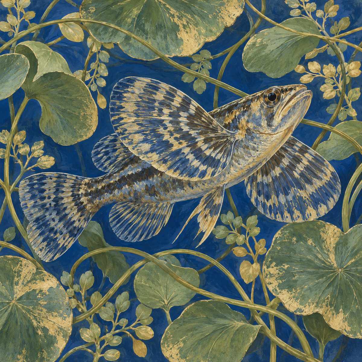 Artistic depiction of the fish swimming through a dense water garden background