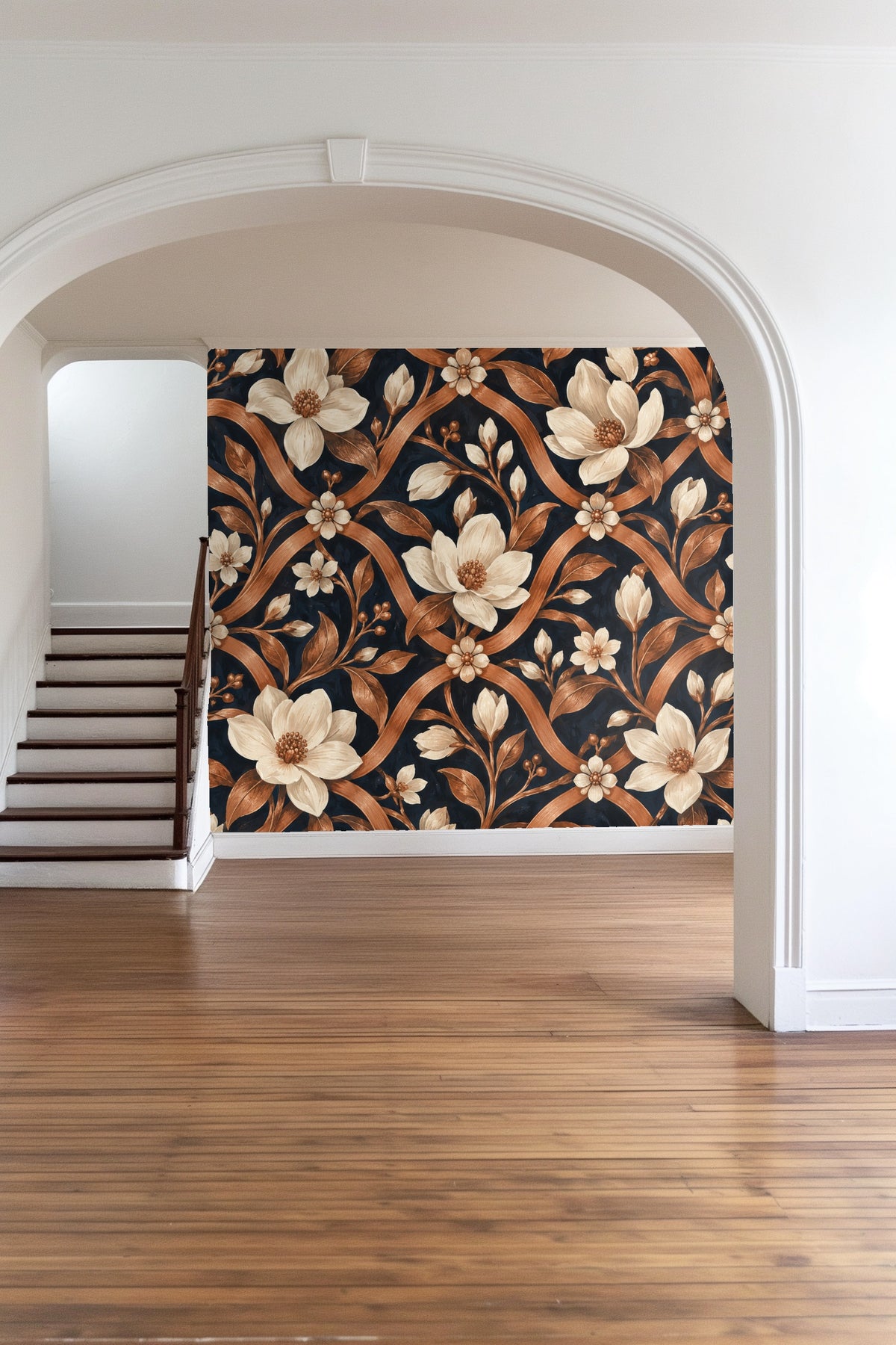 Copper vines twisting elegantly with magnolia buds and petals across wallpaper