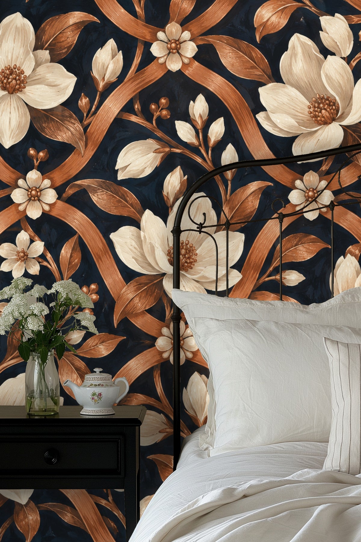 Blue-black wallpaper background contrasted by copper trellis and ivory flowers